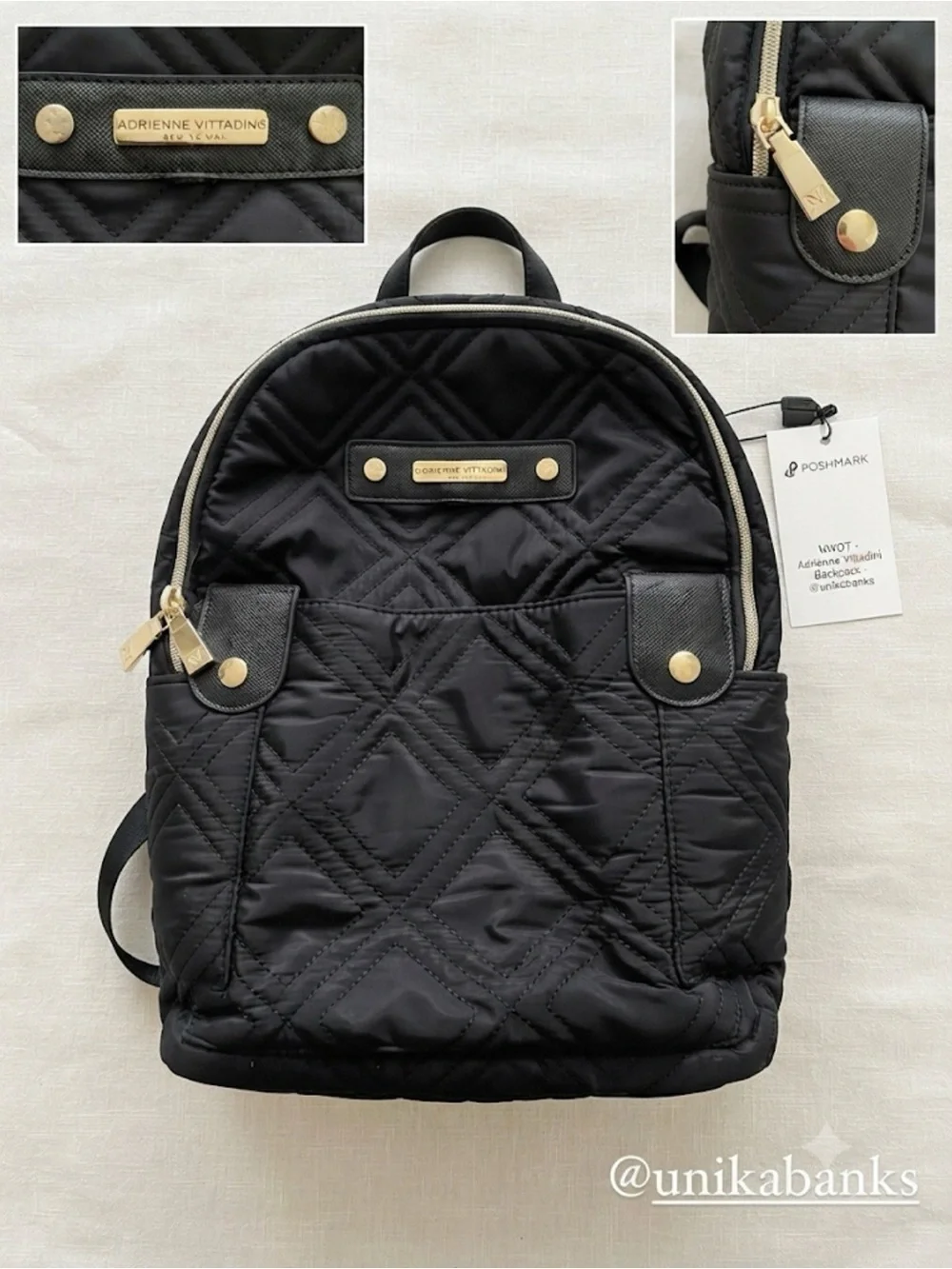 Adrienne Vittadini Black Quilted Backpack with Gold Accents